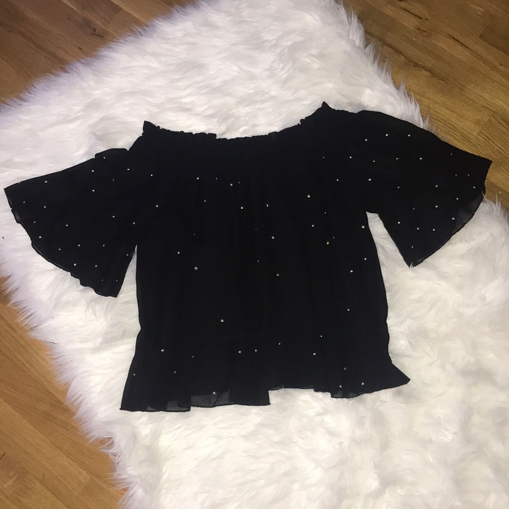Black off the shoulder blouse with gold detail